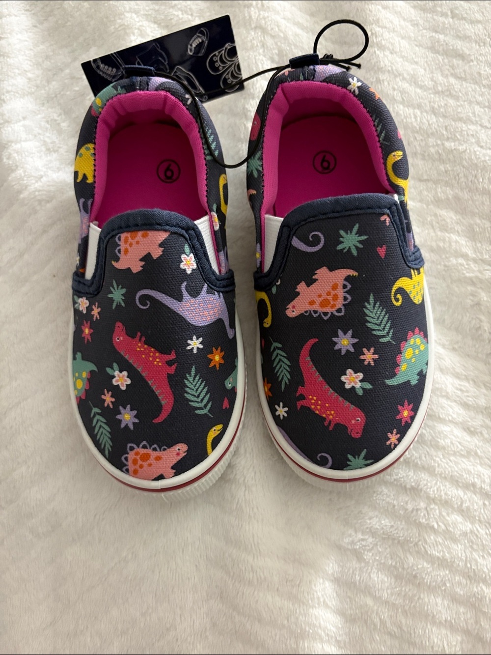 Kids Slip-On Sneakers with Colorful Dino Print - Navy/Pink